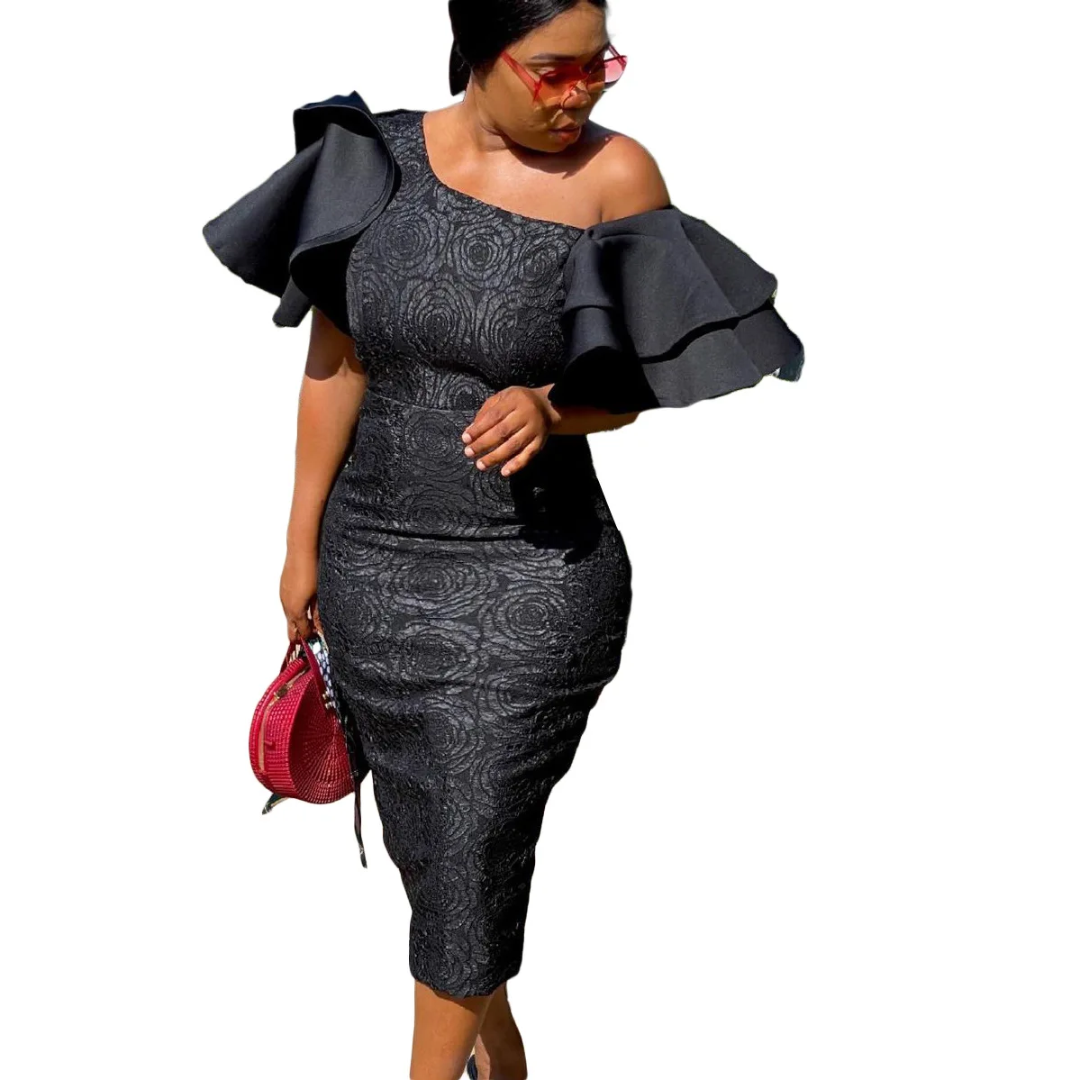 

C0301ME70 Fashion Wholesale Plus Size One Shoulder Print Ruffle Bodycon Dress Women