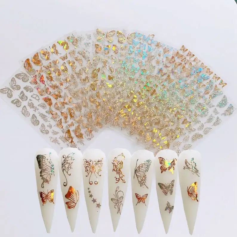 

Wholesale 2021 New Design Laser Gold and Silver Butterfly Sticker Sheet Designers Nail Wraps Art Stickers, Colorful