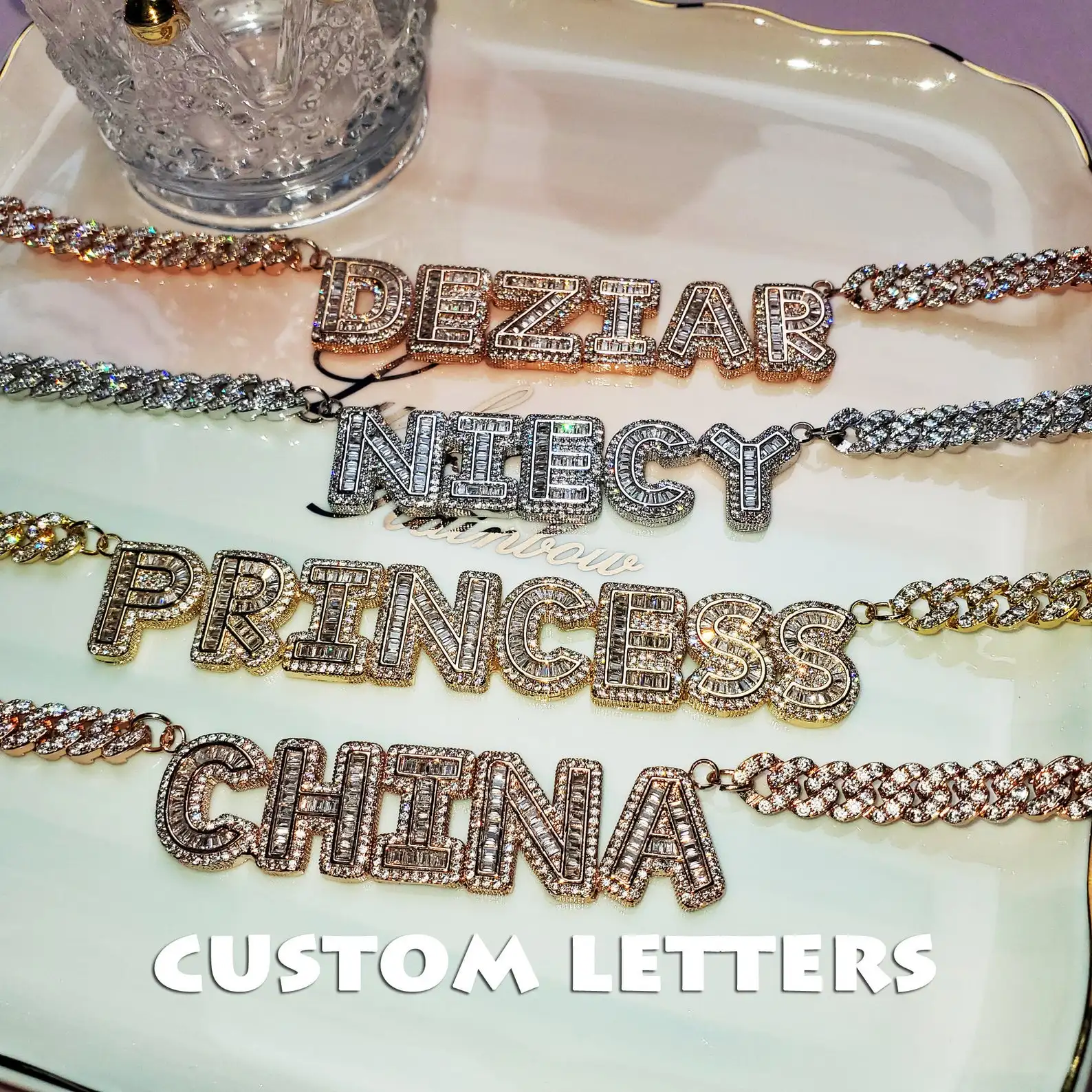 

CZ Diamond Necklace Jewelry Custom Baguette Letters Pendant Necklace