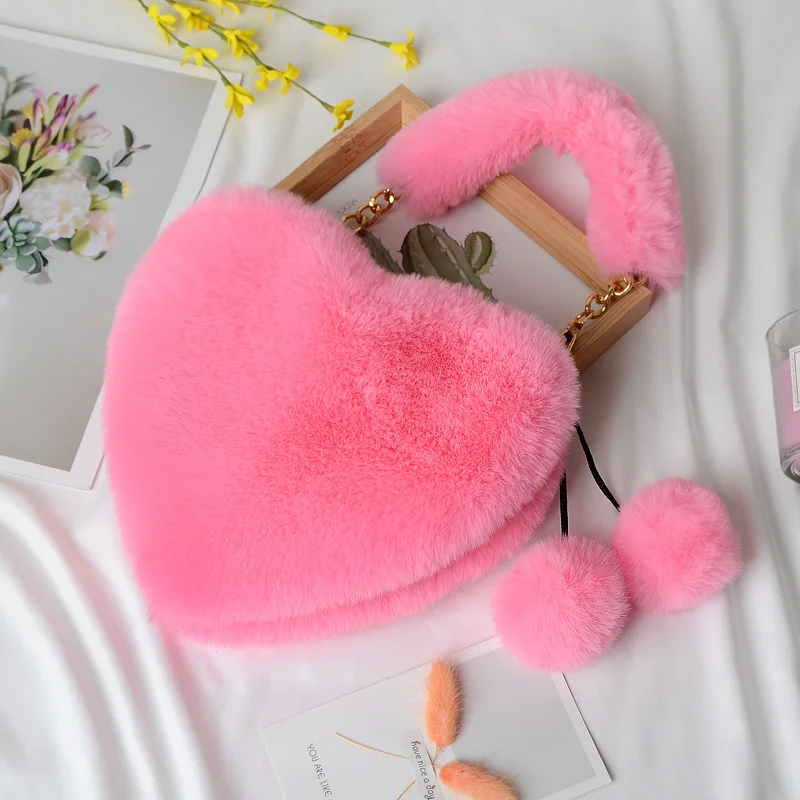 

Imitation rabbit fur lovely fashion love bag handbag heart plush bag, Digital printing