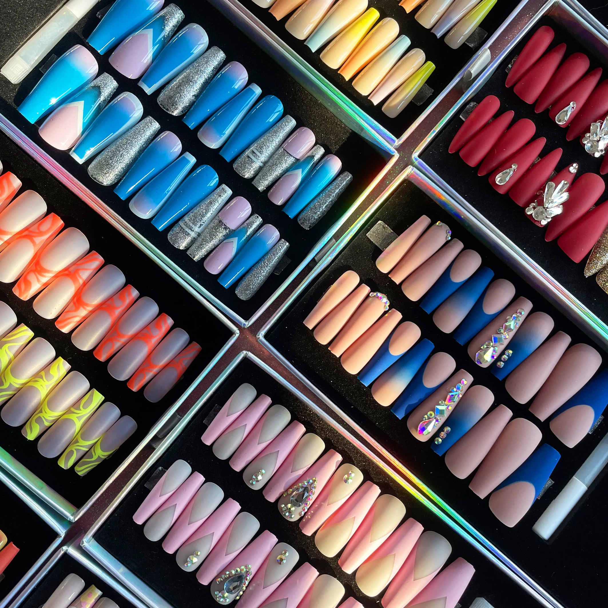 

Naixi Custom Nails Long French Shine Diamond Butterfly Press on Nails square coffin Full Cover Acrylic Nails 24pcs box packaging, Natural,multi-color,customized color