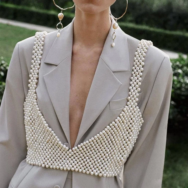 

Women Low-cut Crop Top Handmade Pearls Bead Bra Fashion Vest Camisole Tank Top