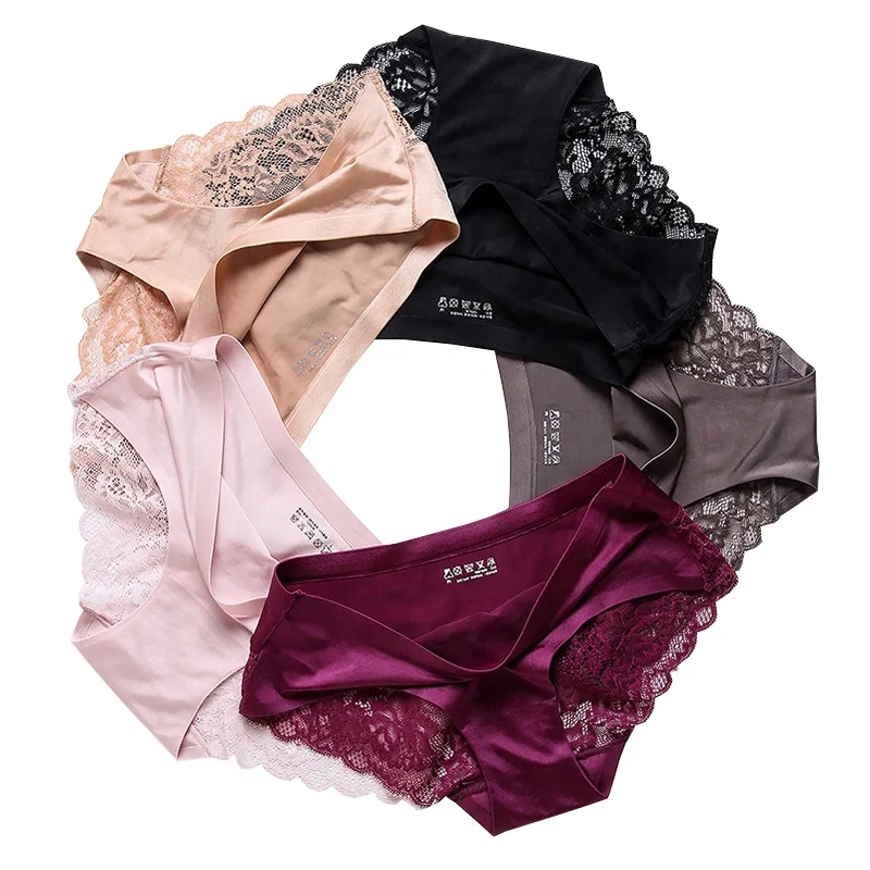 

1801 Ladies Sexy Satin One Piece Traceless Underwear Women Sexy briefs Seamless Lace Panties Ice Silk Panties, 6 colors: black, nude, wine red, brown, pink, blue