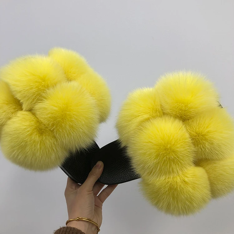 

Yellow big large 6 pom pom fur slides furry real pom fur slides, Customized color