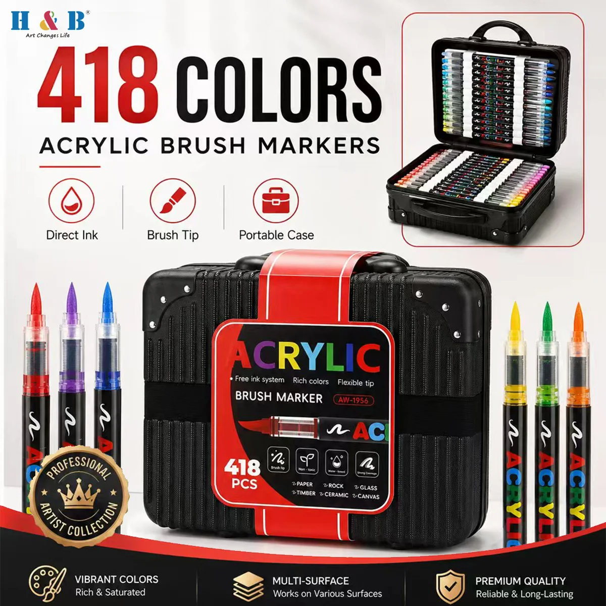 H&B 418-Color Acrylic Brush Markers set with portable case - professional art markers manufacturer