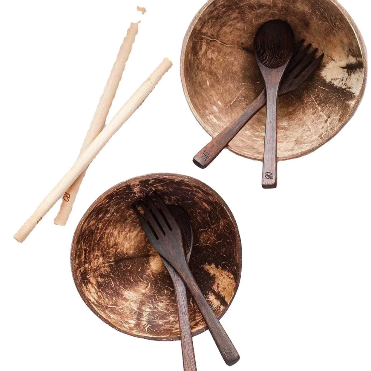 

Wholesale Natural Handmade Craft Wooden Spoon Set Logo Organic Coconut Shell Salad Bowl