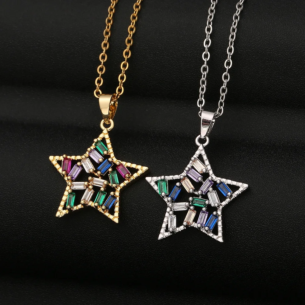 

Luxury Bling Bling Rhinestone Crystal Star Pendant Necklace Color Zirconia Star Necklace For Party Club