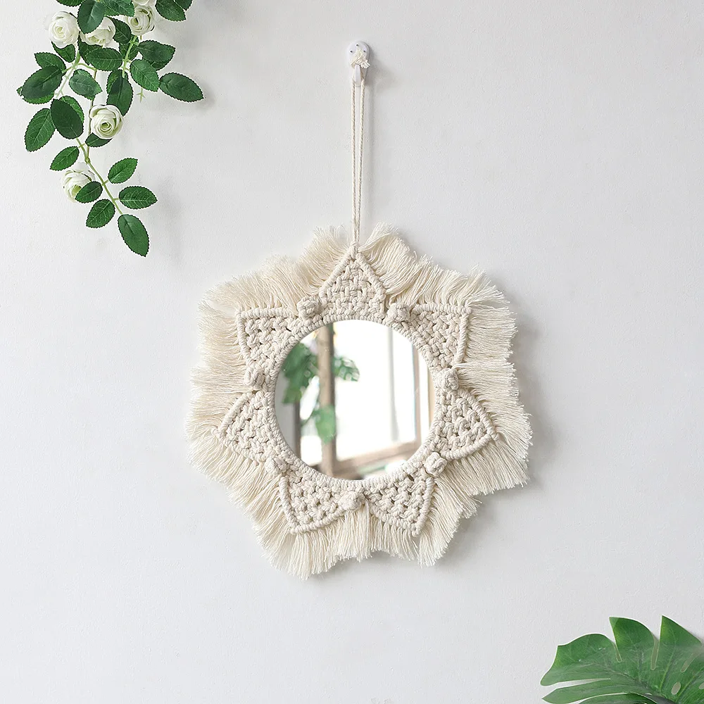 

Hot Selling Products Boho Handmade Woven Mirror Macrame Wall Hanging Wall Tapestry Decorations For Home, White