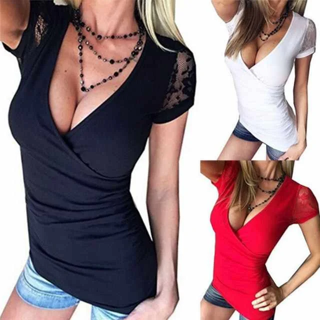 

European Shirt Bare Chest Lace Mesh Embroidery Short-sleeved Deep V-neck T-shirt Spring and Autumn Tights Ladies top, Picture showed