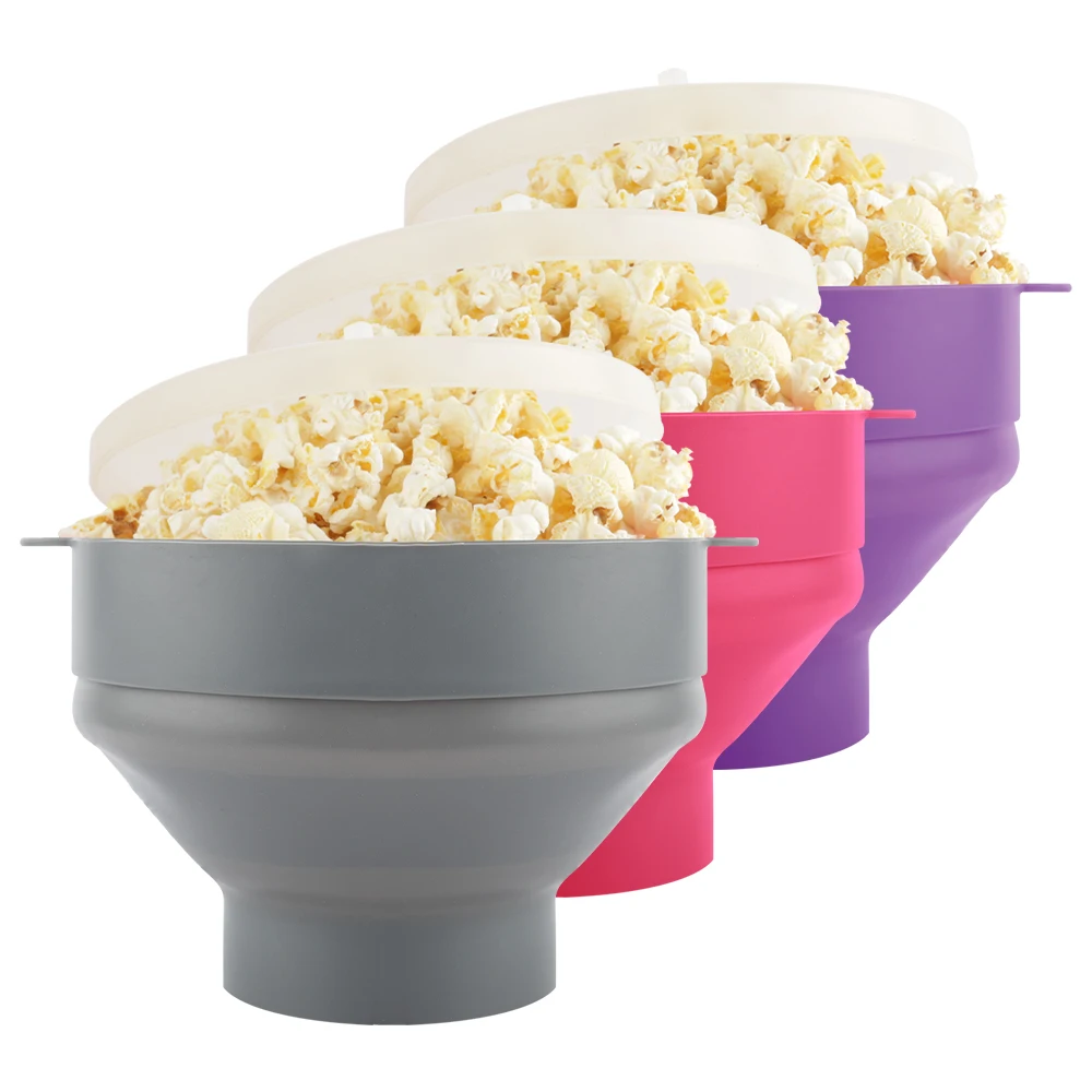

Hot Sales BPA Free Silicone Popcorn Collapsible Bowl With Lid Microwave Homemade Popper Mini Container Tray Marker, Any pantone color is available
