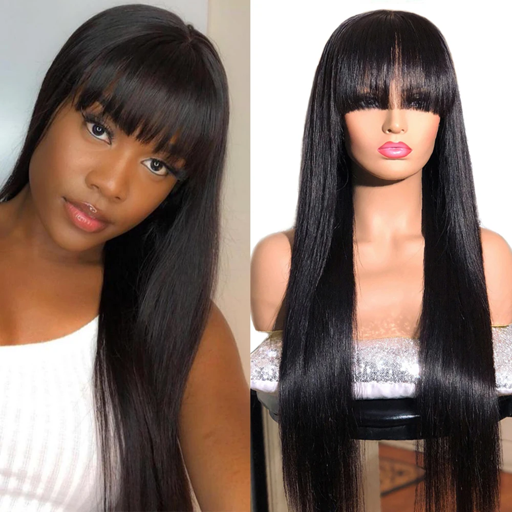 

Straight Human Hair Wigs With Bangs PrePlucked Full Machine Made Wigs Peruvian Hair Wig Natural Color 150% Density