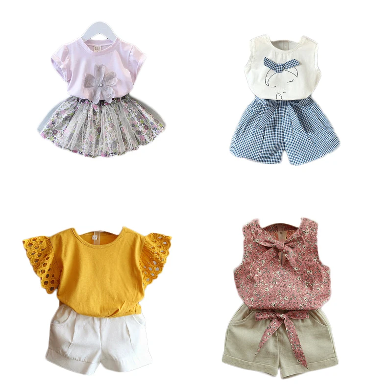 

2020 latest design Fashion casual plaid wholesale 2 pcs White little girls kids sets clothing kids summer clothes for children