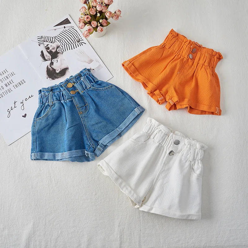 

TKX Summer New Girls Cute High-Waist Shorts Korean Style Children'S All-Match Trendy Jeans, White orange blue