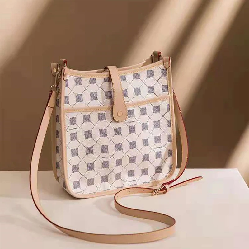 

Free Shipping Leather Dotted Line Grid Shoulder Tote Bag White Checked Crossbody Bag Women Purse