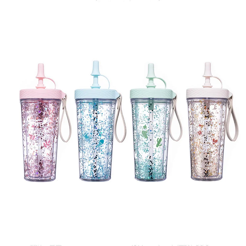 

Feiyou customized hot selling double wall insulated plastic water bottle cute glitter water bottle with straw, Color as pictures