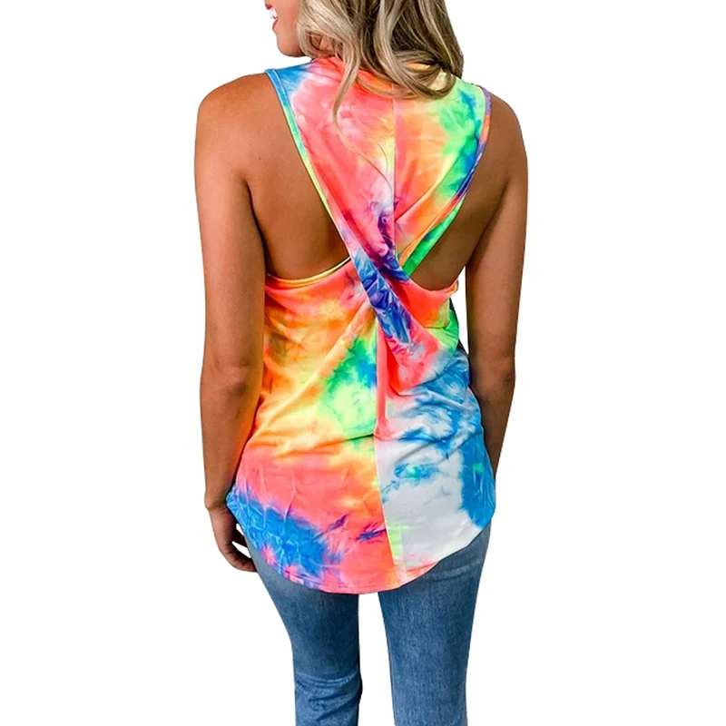 

Women Tie Dye Criss-Cross Ruffled Casual Tank Top