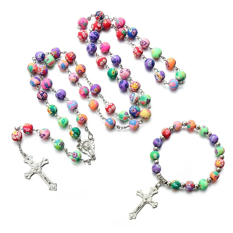 

Necklace Bracelet Set Colorful Polymer Clay Bead Rosary Alloy Cross Pendant Necklace Virgin Mary Christian Catholic Jewelry