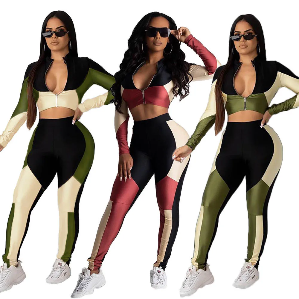 

patchwork crop top and legging 2 piece fitness women clothing set sportswear for women, Light yellow, green, red