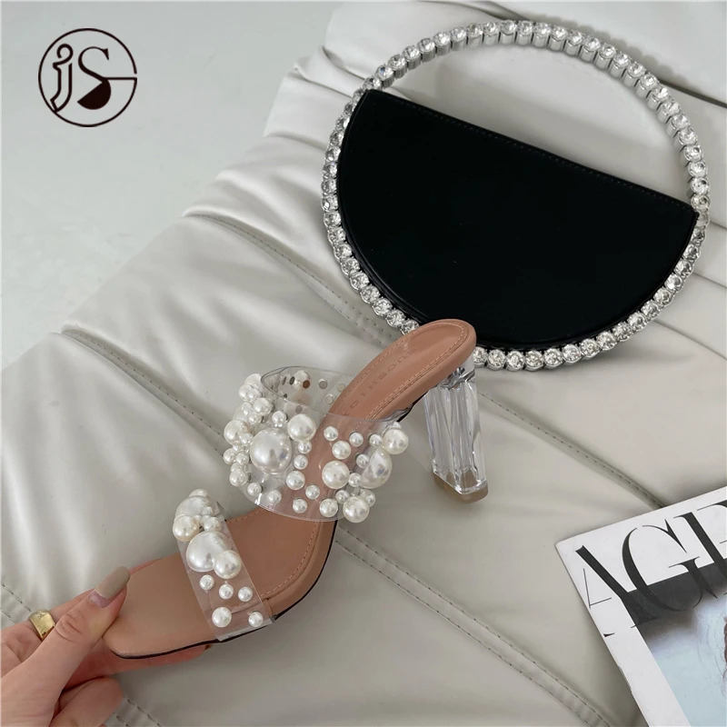 

New design High heeled sandals 2021 hot sales pearl ladies slippers dazzling fancy women sandals, Picture