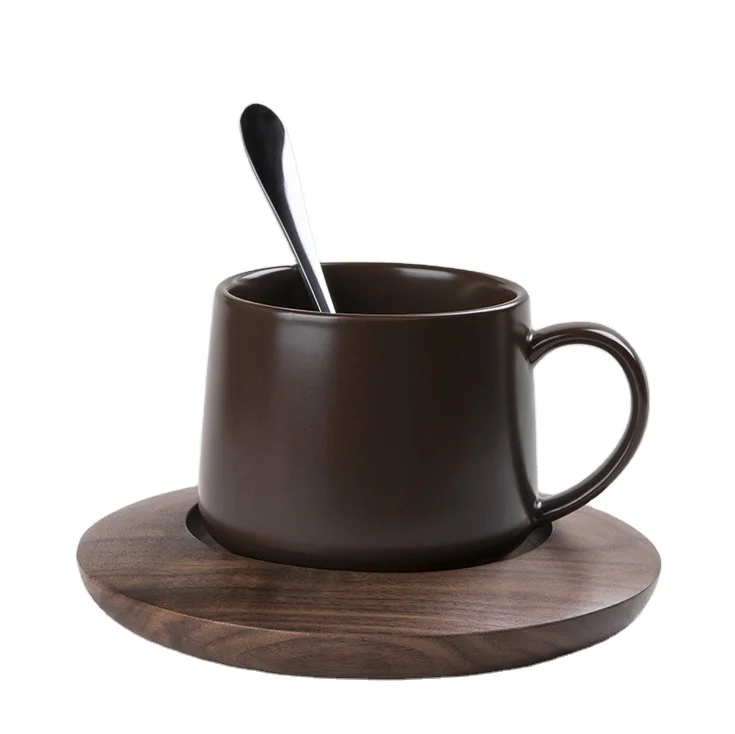 

High-grade Coffee Mug with Solid Wood Base Simple Matte with Spoon Ceramic Afternoon Tea Coffee Cup and Saucer