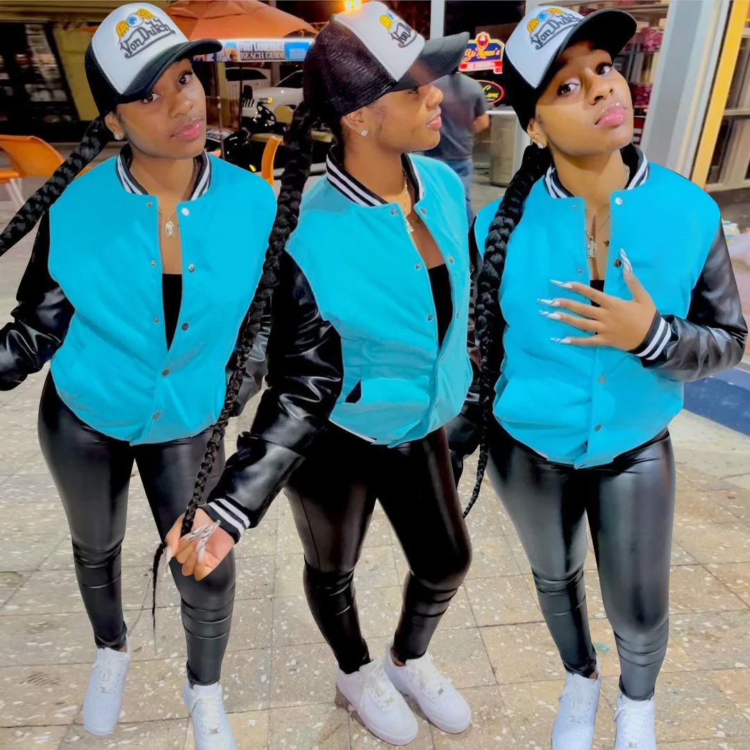 

Wholesale Streetwear Coat Oversize Women Plain Letterman Patchwork Jackets Fall Baseball Jacket Leather Sleeves
