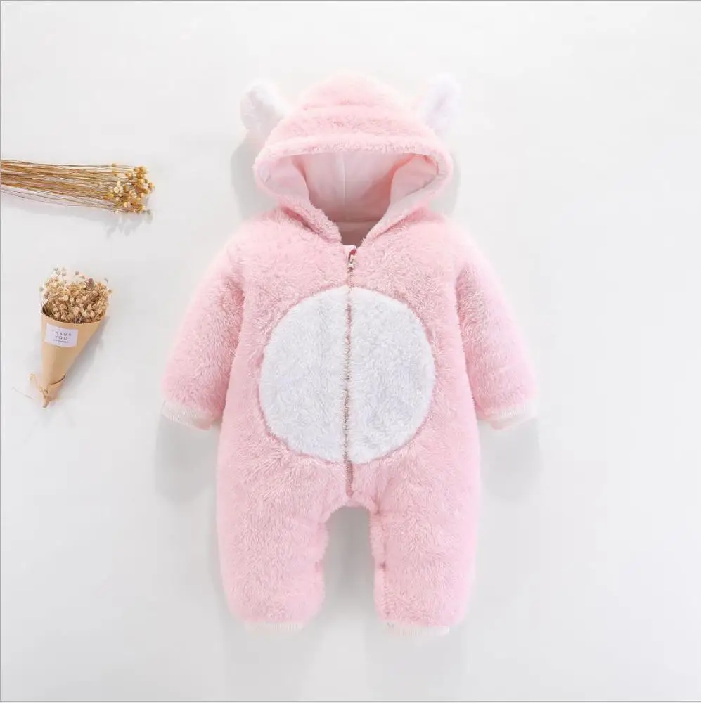 

KDK03 Cute boys girls kids winter fleece onesie baby infant hooded velour baby rompers
