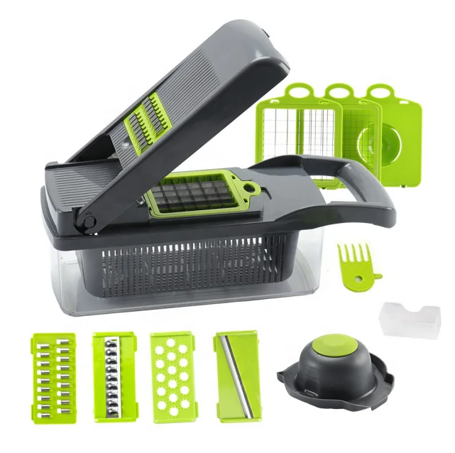 

Biumart 12 in 1 Multifunctional Vegetable Cutter Manual Vegetable Chopper Machine Kitchen Accessories Tools with Container, Grey