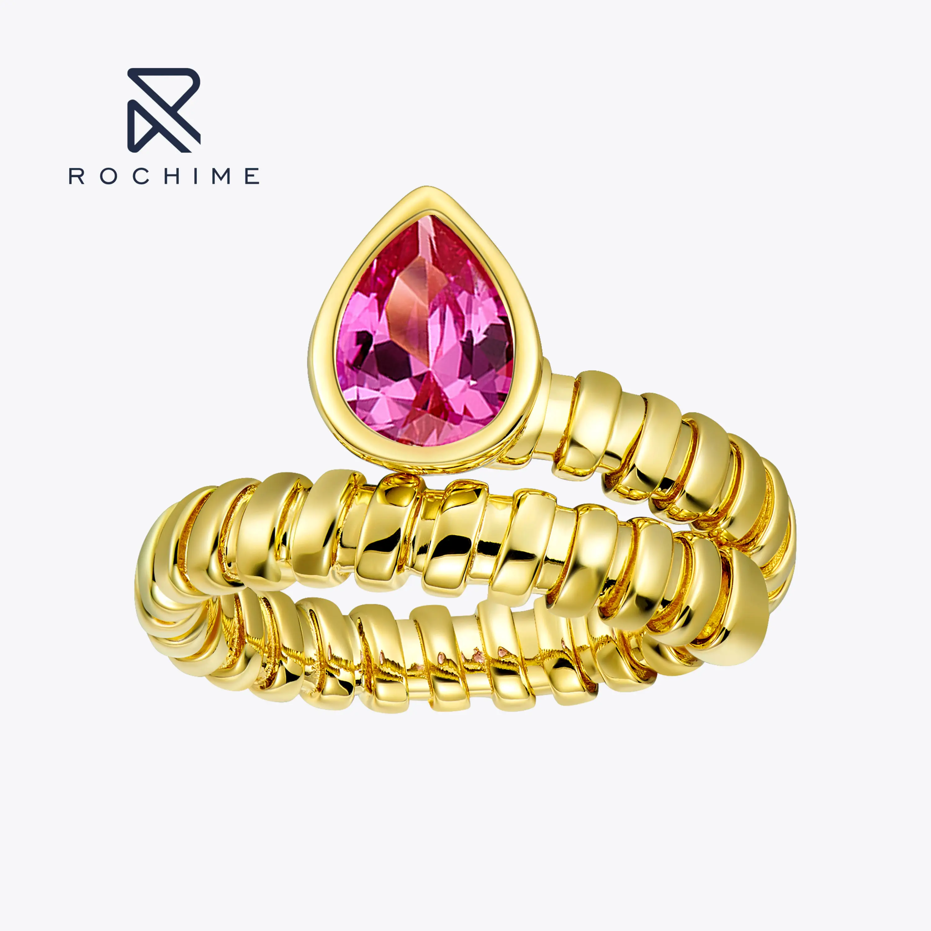 Rochime  Vintage  Colored Gemstone Snake Bone Ring  Yellow Gold Plated Open Ring Luxury Fine Jewelry for Female
