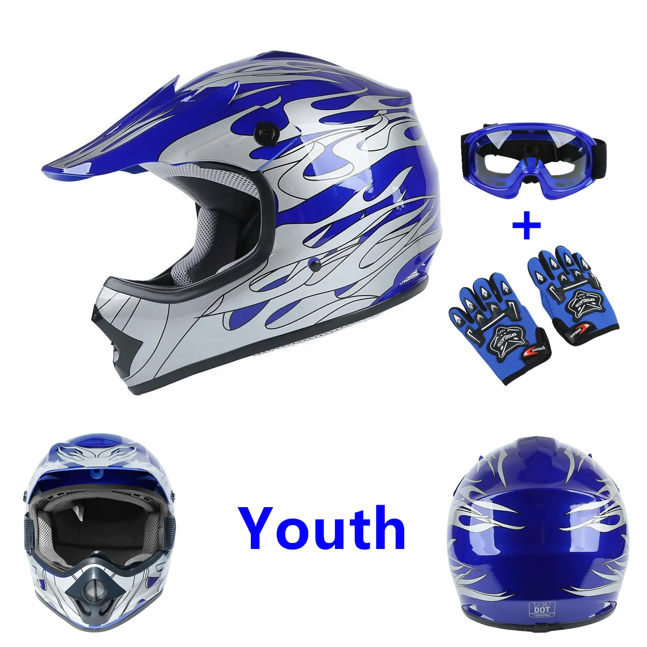 XF270206 DOT Youth Blue Flame Dirt Bike ATV BMX Motocross Helmet