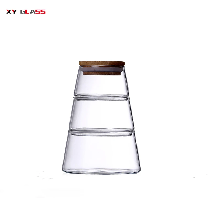 

Small 3 Tier Level Stackable Round Glass Storage Apothecary Jar Set with Lid, Transparent