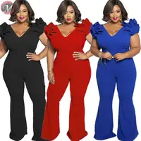 

D908088 new design autumn fashion casual ruffle short sleeve V neck solid color bodycon women sexy plus size jumpsuit
