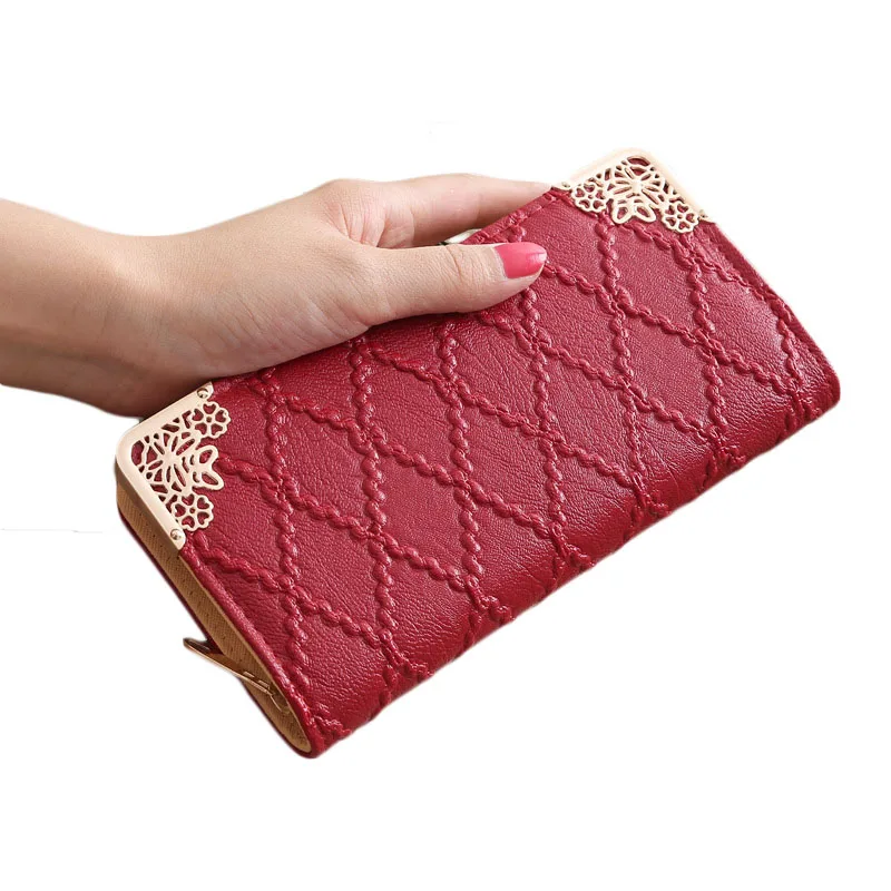 

Fashionable PU Leather Embossed Rhombus Ladies Single Zipper Long Hollow Corner Multi-card Position Handbag Cash Inside Purse