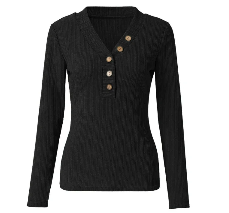 

Women's Long Sleeve V Neck Ribbed Button Knit Sweater Solid Color Tops