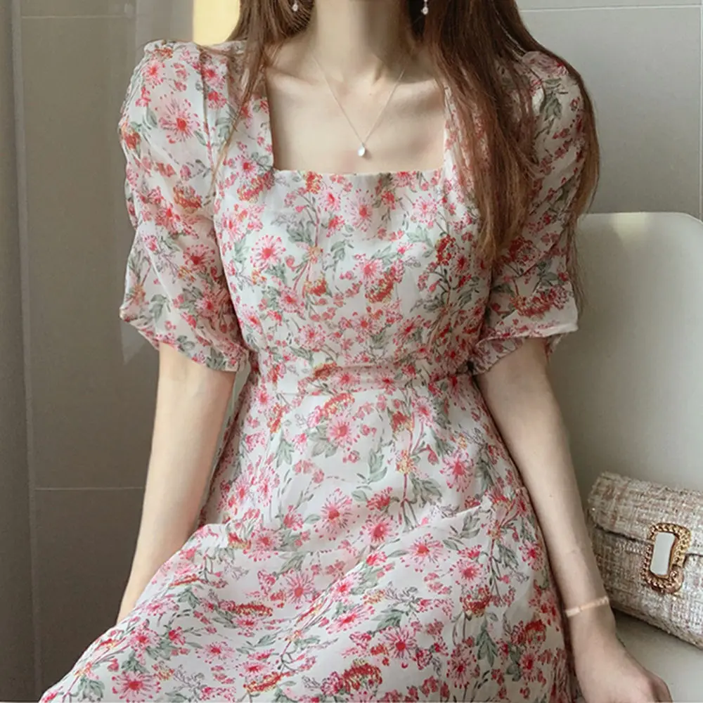 

Summer retro French light ripe wind square collar bubble sleeve chiffon floral dress short sleeve MIDI dress