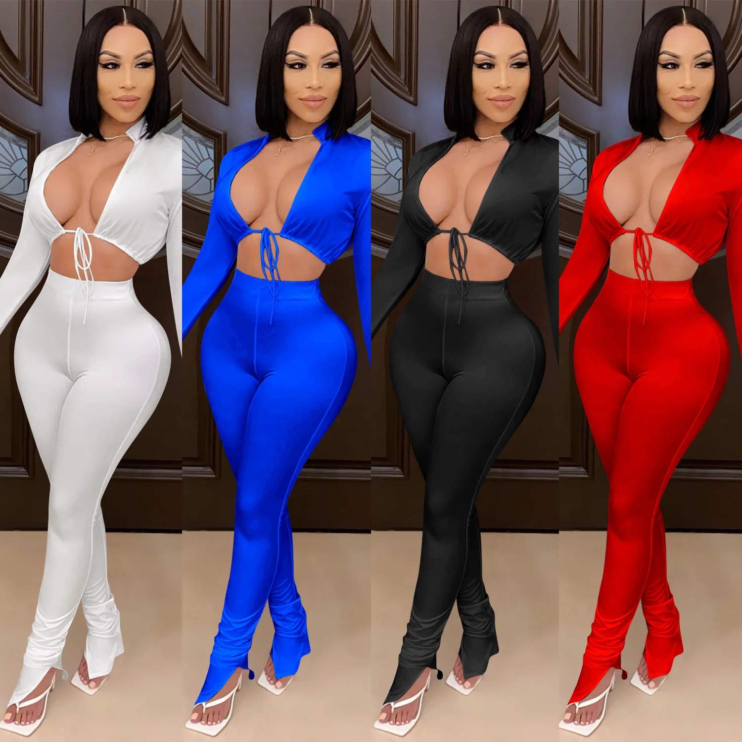 

A00037 fall 2021 women clothes Tight Sexy irregular short solid color crop top stacked pants two piece set