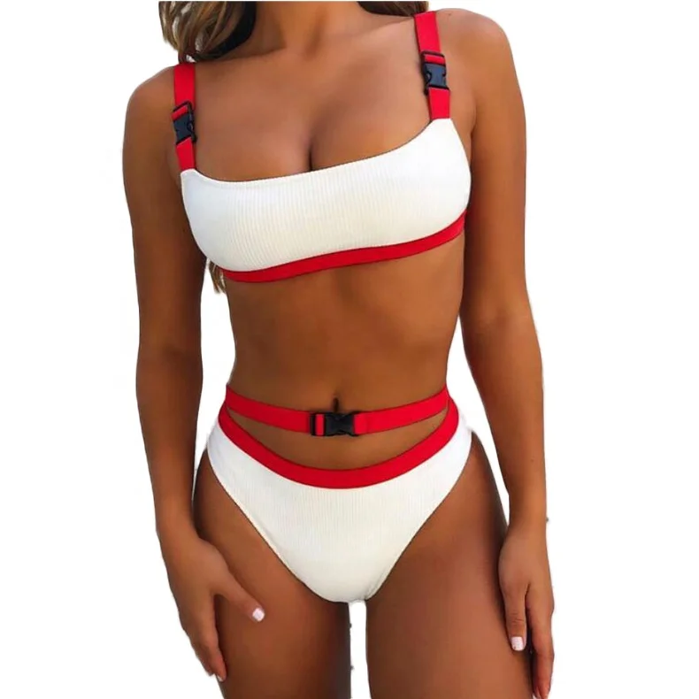 

2019 Patchwork Backless Bandeau Buckle Bandage Swimsuits Bathing Suits Two Pieces Swimwear Women High Waist Wholesale Bikini Set