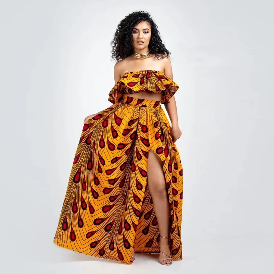 

2021 New Fashion Ankara Dresses Women Sexy Printed Crop Top And Split Skirt Two Pieces Set Women Casual African Dresses, Red , blue ,white