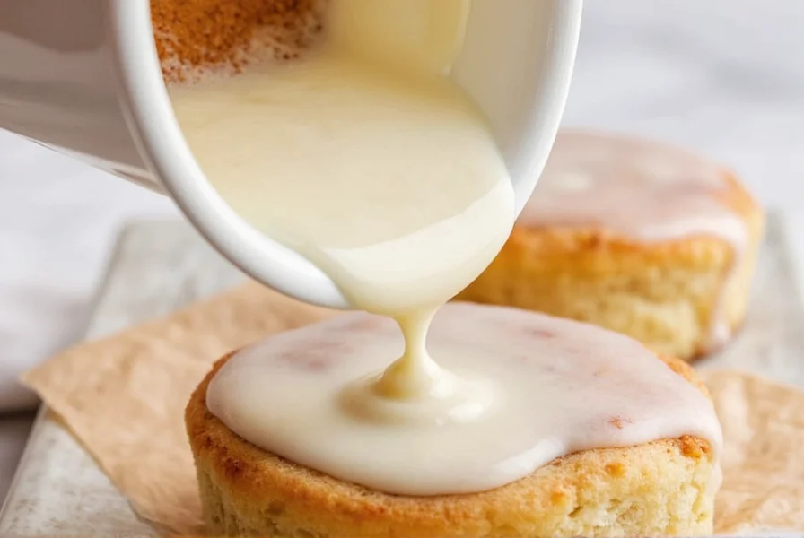 Step-by-step process of making homemade cinnamon roll icing in a white ceramic bowl with whisk, showing smooth consistency