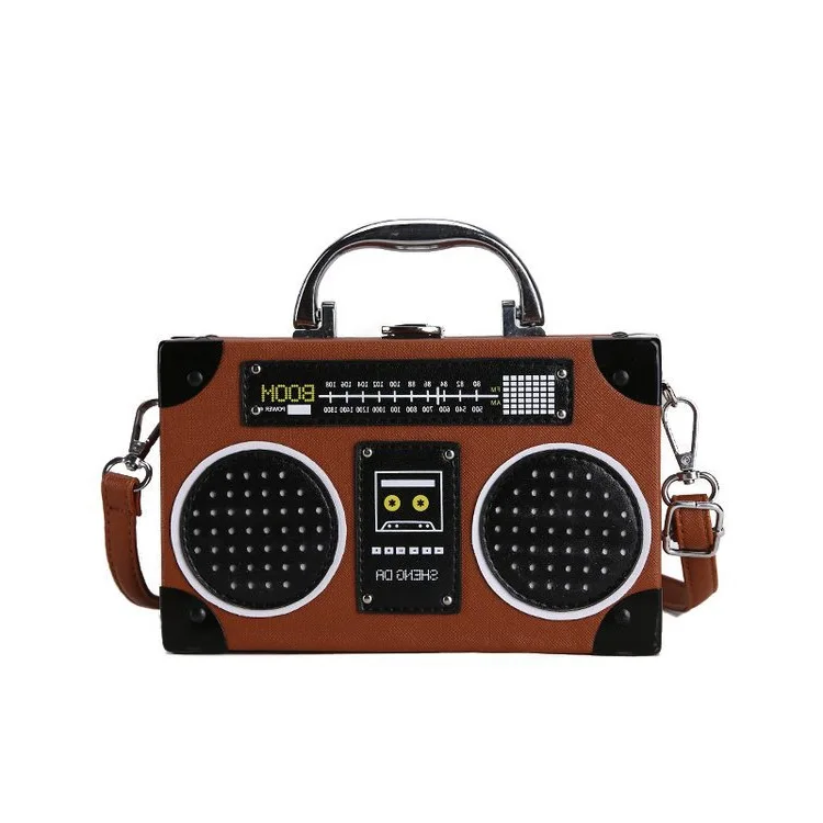 

radio case bag with long strap special design metal handle handbag, Camel / red /black