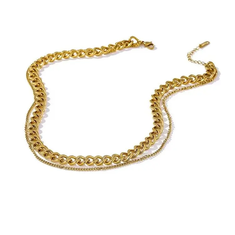 

18k Gold Plated Stainless Steel Cuban Necklace 6mm Double Layer Hip Hop Chain for Women Fashionable Couple Jewelry