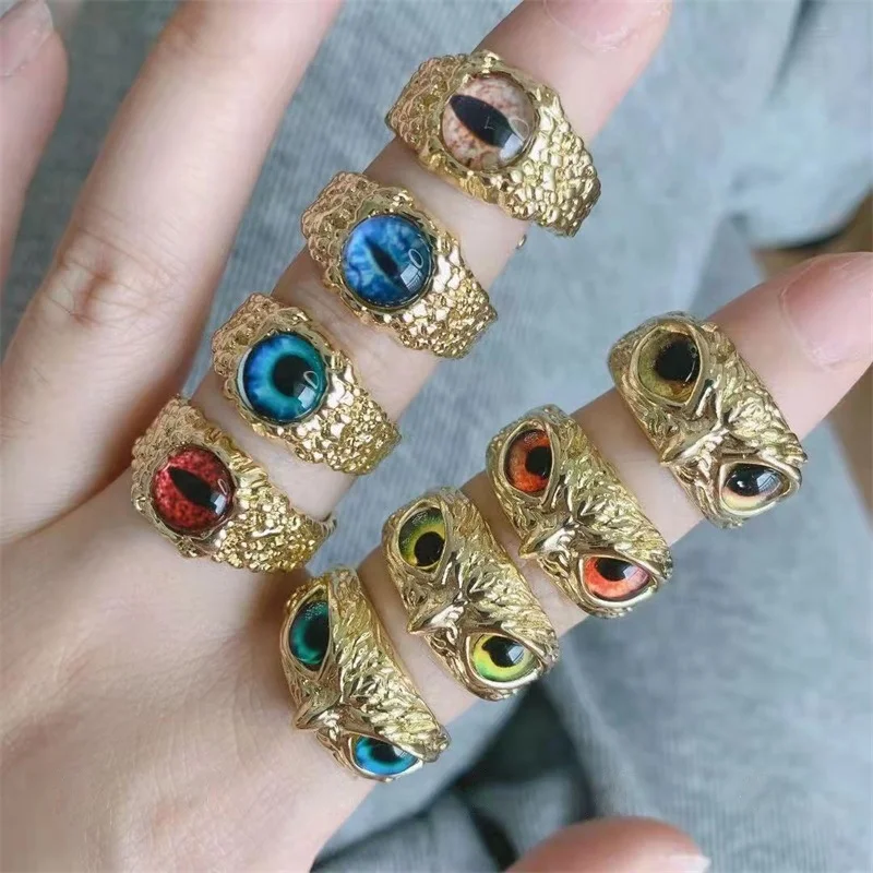 

New jewelry arrivals exaggerate colorful owl eyes drop finger rings women men hip hop gold plated adjustable opening ring