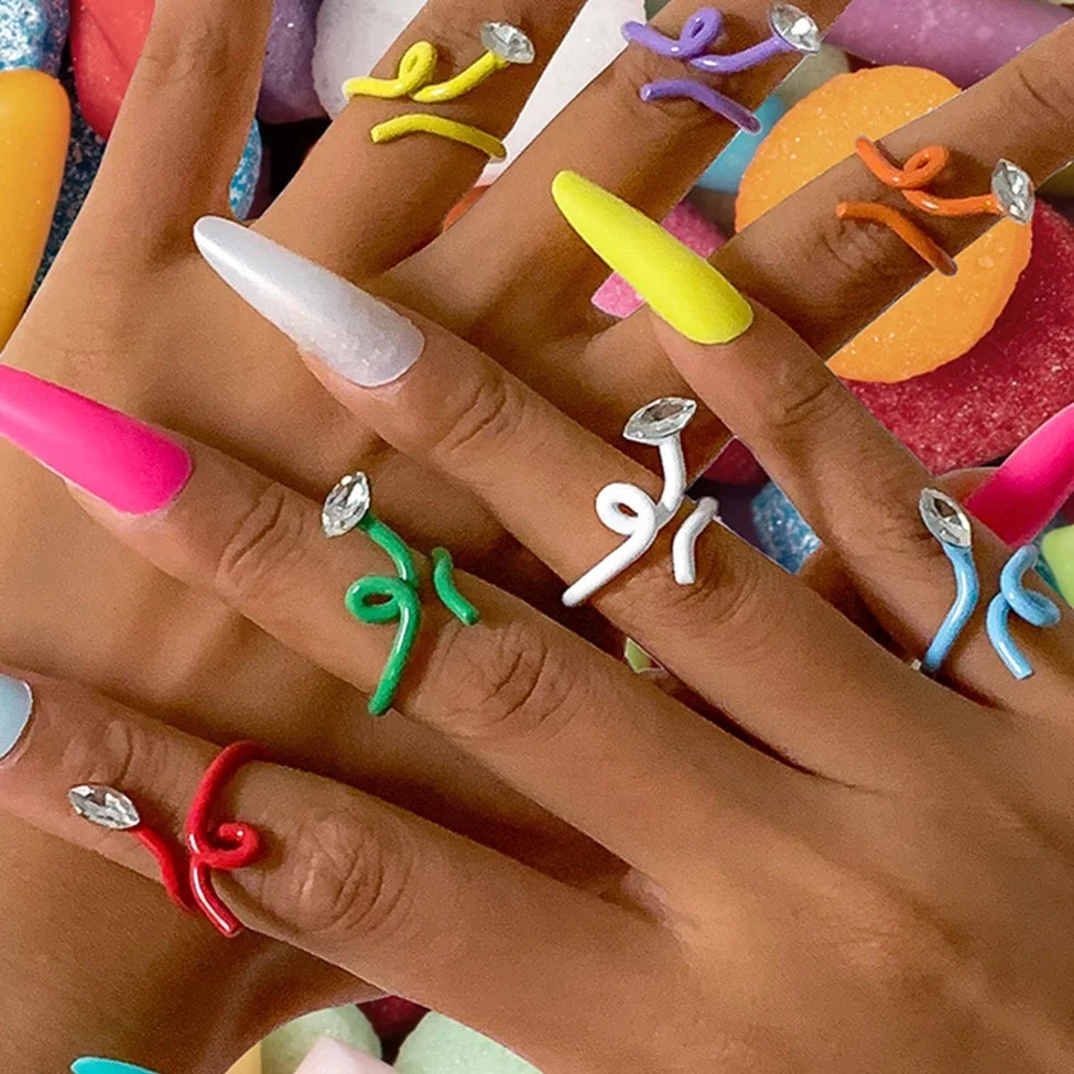 

2021 New Neon Color Drip Oil Snake Twist Open Metal Rings Irregular Party Travel Fashion Enamel Ring Jewelry Women