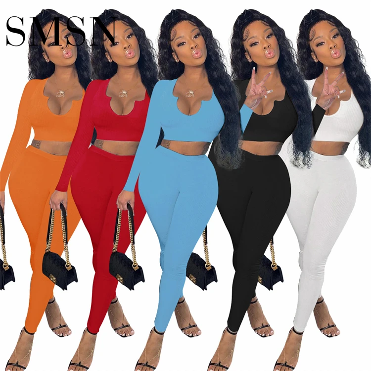 

Latest Design Solid Color V Neck Skinny Loungewear Women Sets Comfy Two Piece Sport Jogging Sets