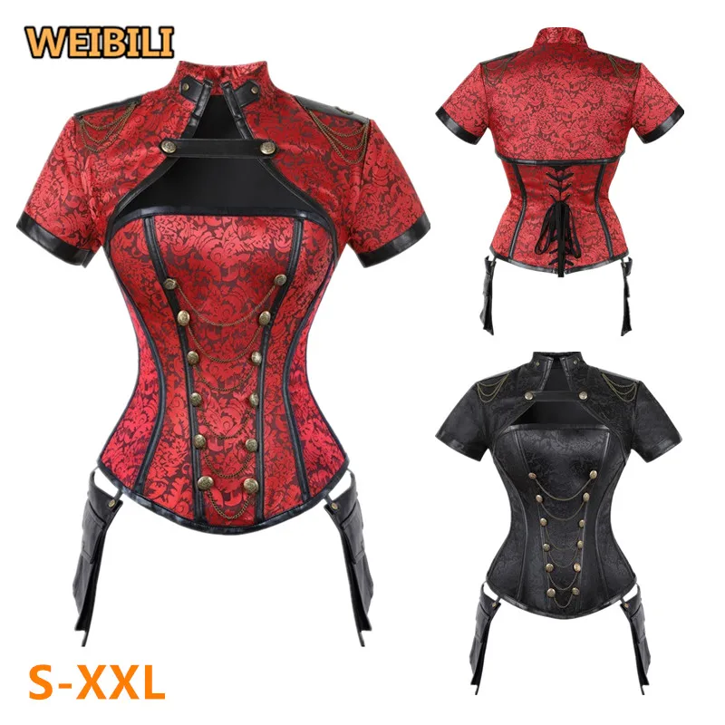 

Corselet Corset Steampunk Gothic Cut Out Bustier Vintage Black Red Floral Top for Women Short Sleeve Costume Clothing