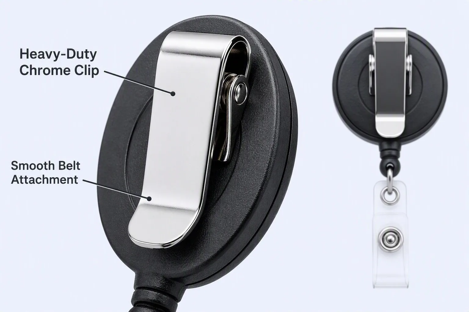 Detail banner of the heavy-duty chrome clip and smooth belt attachment