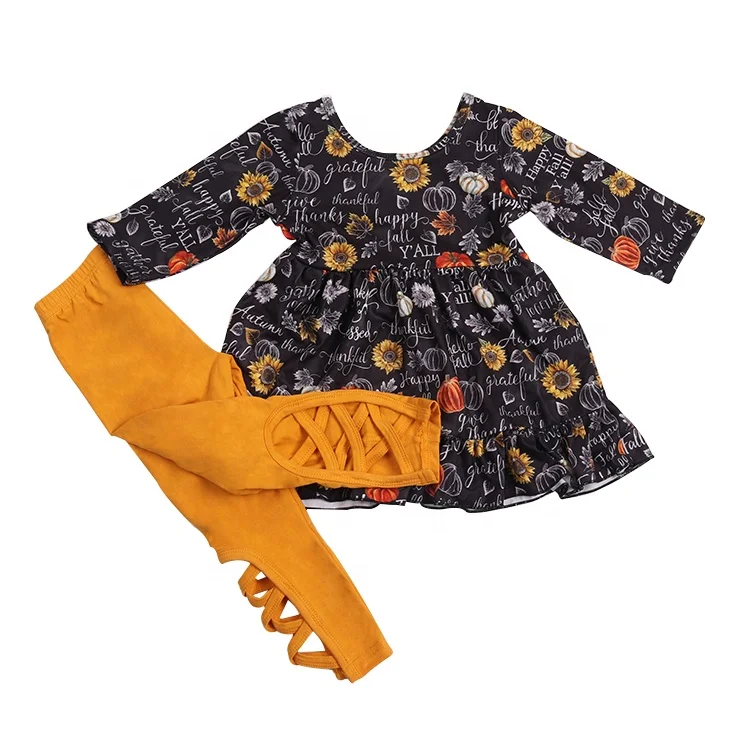 

Fall Boutique Kids Girls Long Sleeve Milk silk Pumpkin Printed Dress Girls Twirl Dresses with yellow Pants outfits