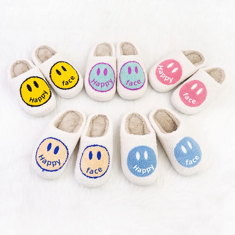 

warehouse hot sales women shoes slides slippers various styles cowboy flower design home happy face smile fashion fur slippers