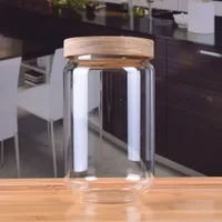 

Borosilicate glass storage jar with bamboo lid for tube shaped glass storage jar for glass spice jar with wooden lid