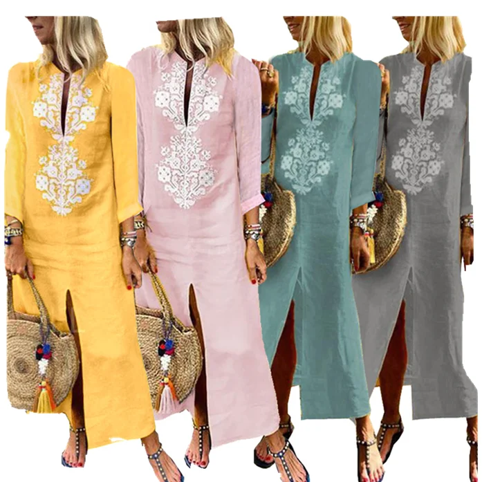 

Autumn Cotton Linen Dress women Fashion Vintage printed V-neck Party Dress office lady Long Sleeve Elegant dress 2021 new design