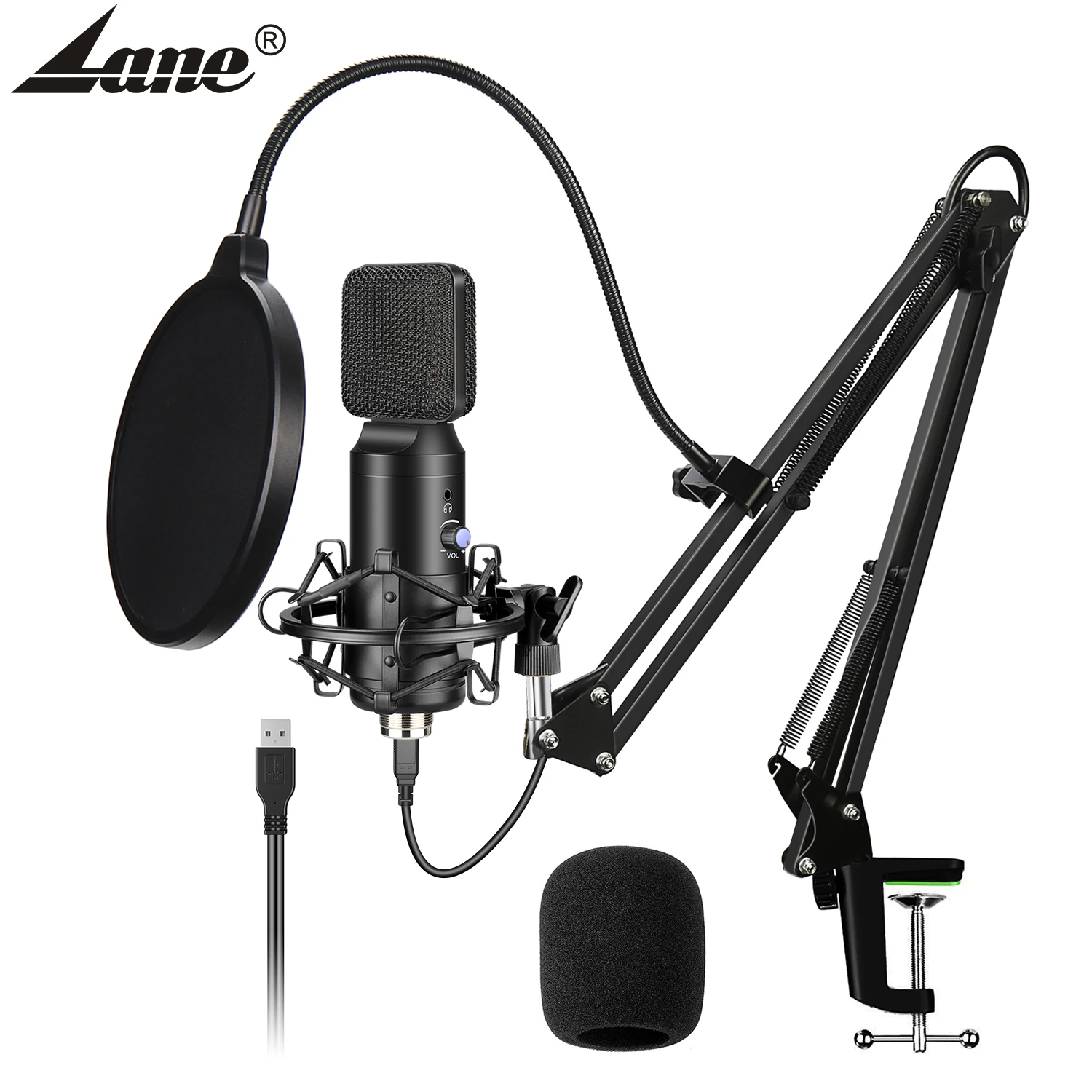 

professional noise cancell studio vocal sound card electret condensate mic kit recording gaming pc usb condenser microphone set, Black